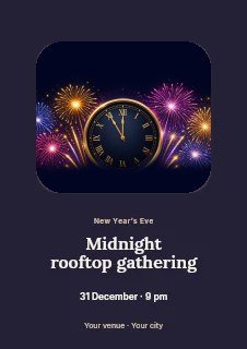 New Year Countdown Clock with Fireworks in Midnight rooftop gathering · Picture window