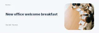 Diverse professionals collaborating in office meeting in New office welcome breakfast banner · Horizontal photo dialogue
