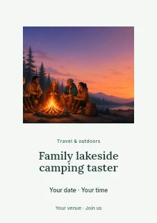 Friends camping by campfire at sunset in Family lakeside camping taster flyer · Picture window