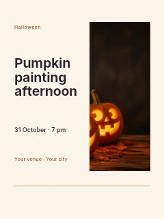 Three Glowing Carved Halloween Pumpkins in Pumpkin painting afternoon · Split portrait