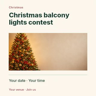 Decorated Christmas tree with presents in Christmas balcony lights contest social media post · Title & photograph