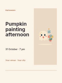 Little ghost with autumn flowers and a candle in Pumpkin painting afternoon · Split portrait