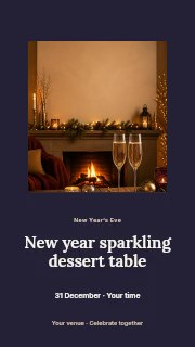 Cozy fireplace with champagne glasses in New Year sparkling dessert table instagram story · Picture window