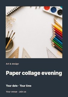 Art supplies and blank paper flat lay in Paper collage evening flyer · Gallery editorial