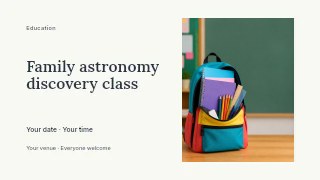 Family astronomy discovery class presentation cover template · Horizontal photo dialogue