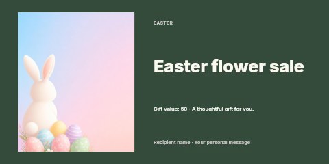 Easter bunny with colorful decorated eggs in Easter flower sale gift voucher template