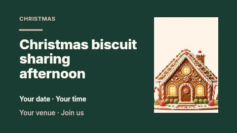 Decorated gingerbread house with candy accents in Christmas biscuit sharing afternoon presentation cover · Horizontal photo dialogue