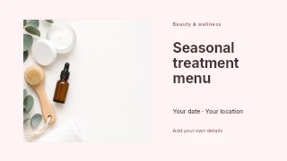Seasonal treatment menu presentation cover template · Horizontal photo dialogue