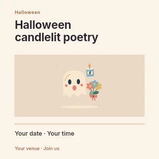 Little ghost with autumn flowers and a candle in Halloween candlelit poetry social media post · Title & photograph