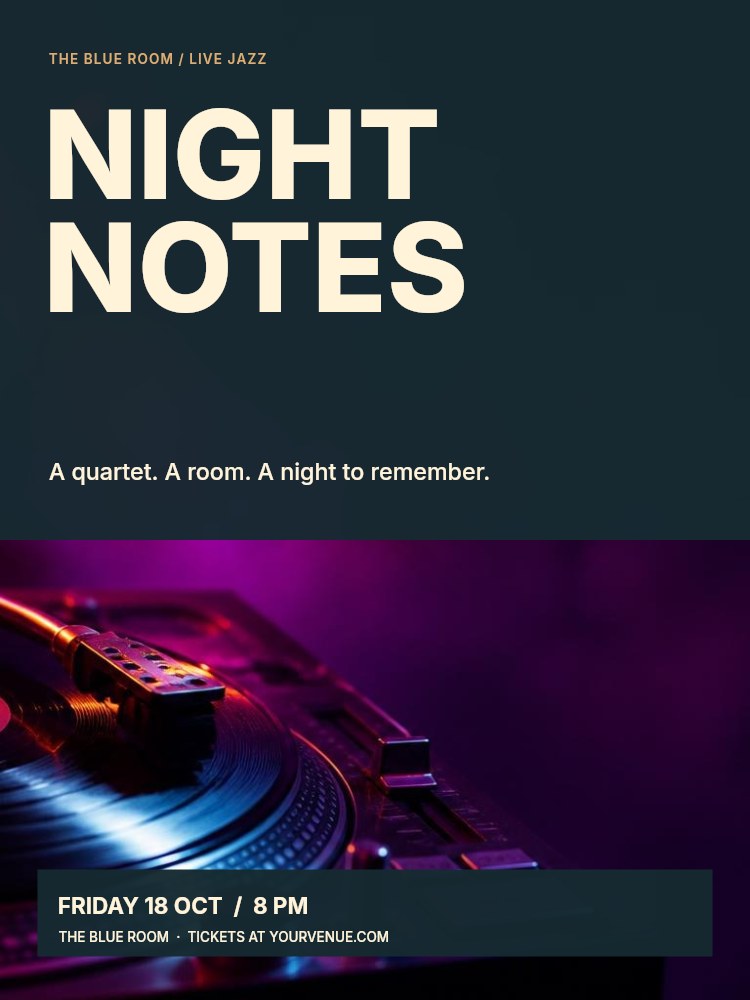 Vinyl record player with colorful lights in Night notes · Jazz poster
