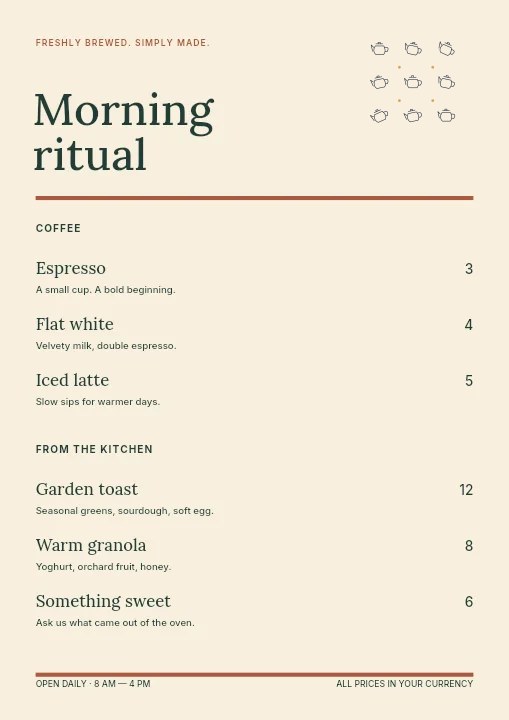 Tea pot · Scattered Pattern in Morning ritual · Cafe menu