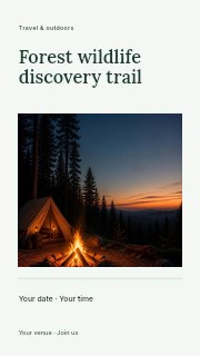 Evening forest campsite with campfire in Forest wildlife discovery trail instagram story · Title & photograph