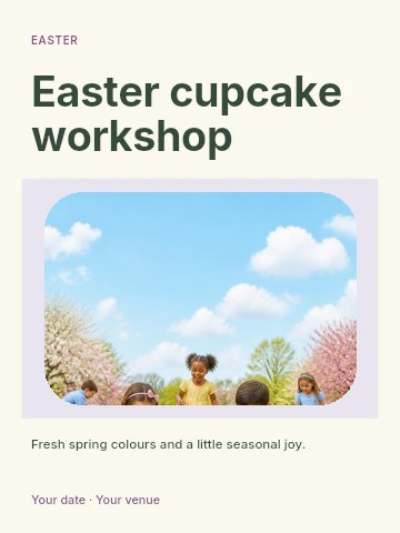 Children Easter egg hunt in spring park in Easter cupcake workshop invitation template