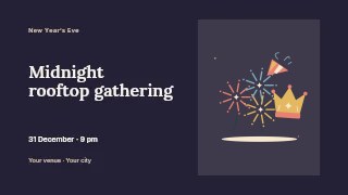 Firework party with a festive crown and horn in Midnight rooftop gathering · Horizontal photo dialogue