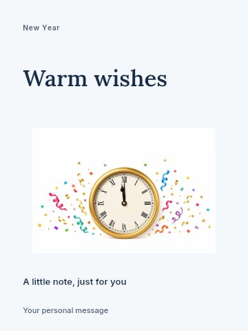 Golden clock with confetti and streamers in New Year goal setting workshop greeting card template