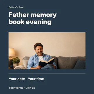 Man Relaxing on Couch Reading Book in Father memory book evening social media post · Title & photograph