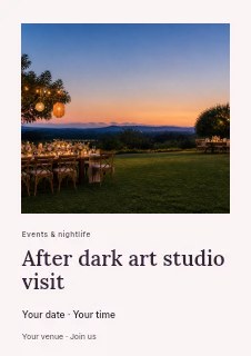Outdoor Dinner Party at Sunset in After dark art studio visit flyer · Gallery editorial