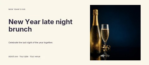 Chilled champagne bottle and two glasses in New Year late night brunch event ticket template