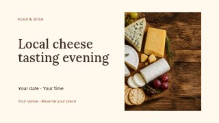 Local cheese tasting evening presentation cover template · Horizontal photo dialogue