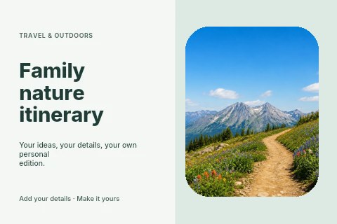 Mountain trail with wildflowers in summer in Family nature itinerary postcard template