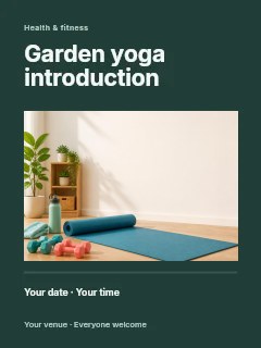 Home workout setup with yoga mat and weights in Garden yoga introduction poster · Title & photograph