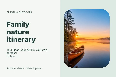 Wooden Canoe on Calm Lake at Sunrise in Family nature itinerary postcard template
