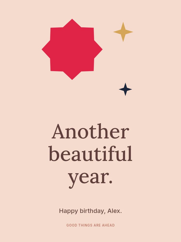 8-point broad sparkle · trio composition in Another beautiful year · Birthday card