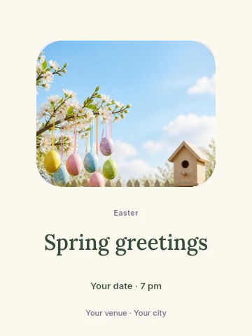 Easter eggs hanging on blossoming tree branch in Spring greetings poster template