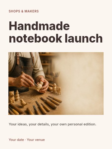 Woodworker carving small wooden figurine in Handmade notebook launch invitation template