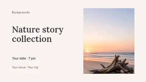 Sunset beach with driftwood log in Nature story collection presentation cover template