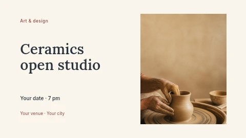 Hands shaping pottery on wheel in Ceramics open studio presentation cover template