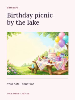 Birthday picnic by the lake poster template · Title & photograph
