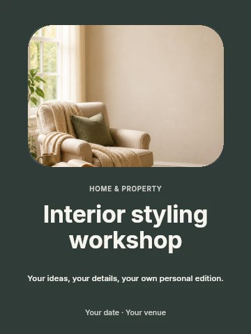 Cozy reading corner with armchair in Interior styling workshop invitation template