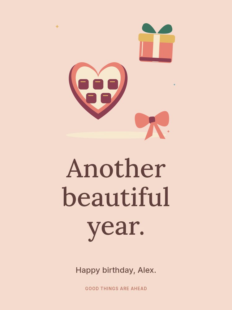 Birthday treats with chocolate and a ribboned gift in Another beautiful year · Birthday card
