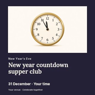 Classic wall clock showing eleven fifty-five in New Year countdown supper club social media post · Gallery editorial
