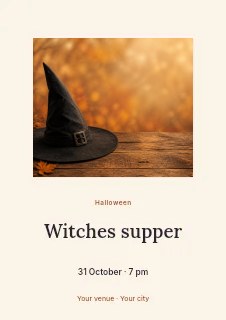 Black witch hat on wooden surface in Witches supper · Picture window