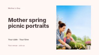 Mother spring picnic portraits presentation cover template · Horizontal photo dialogue
