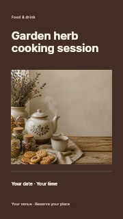 Rustic tea setup with cookies and herbs in Garden herb cooking session instagram story · Title & photograph