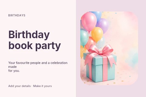 Birthday book party postcard template