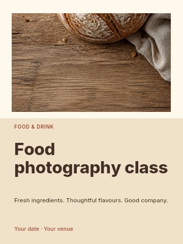 Rustic round loaf of crusty bread in Food photography class invitation template