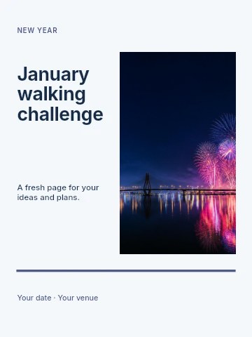 Nighttime fireworks over city bridge in January walking challenge invitation template