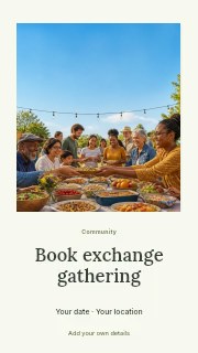 Outdoor community potluck gathering in Book exchange gathering · Quiet photo gallery
