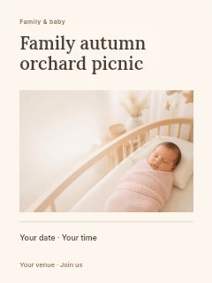 Newborn baby sleeping peacefully swaddled in Family autumn orchard picnic poster · Title & photograph