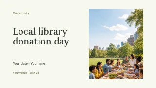 Local library donation day presentation cover template · Horizontal photo dialogue