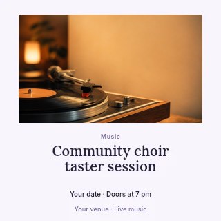 Community choir taster session social media post template · Quiet photo gallery