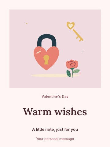 Heart lock with a key and a little rose in Valentine’s Day celebration greeting card template