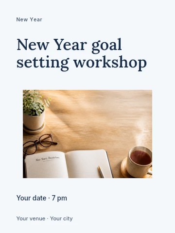 New Year’s Resolutions Notebook with Tea in New Year goal setting workshop invitation template