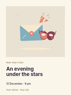 Masquerade invitation with mask and party horn in New Year’s Eve starlight party photo layout · Gallery editorial
