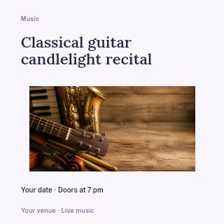 Assorted musical instruments on wood in Classical guitar candlelight recital social media post · Modern programme