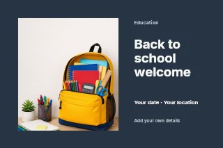 Yellow school backpack with supplies in Back to school welcome · Horizontal photo dialogue